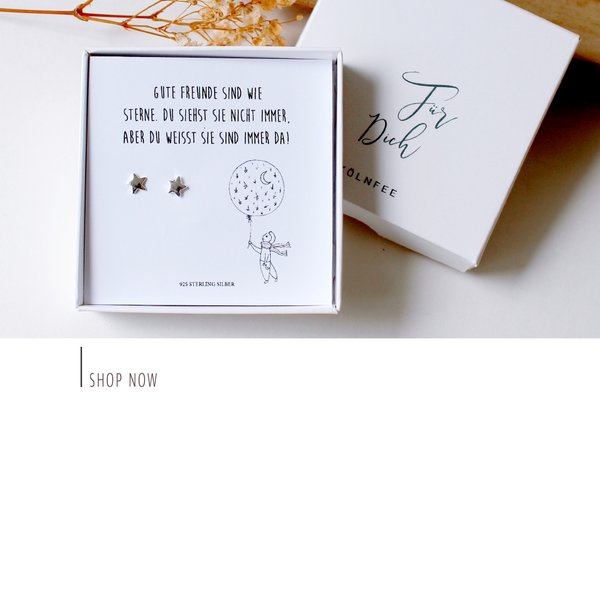 Sternohrringe im Geschenkset mit kleiner Karte Freunde sind wie Sterne. Verpackt in einer weißen Schmuckbox mit Aufdruck für dich.